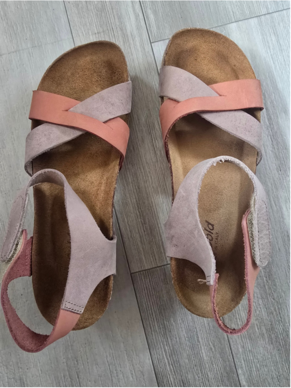 Bio-Gold Italy Pink & Taupe Leather Platform Sandals Size 8.5